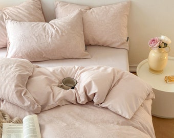 Pink Cotton Jacquard Duvet Cover Set: Queen/King Size Bedding