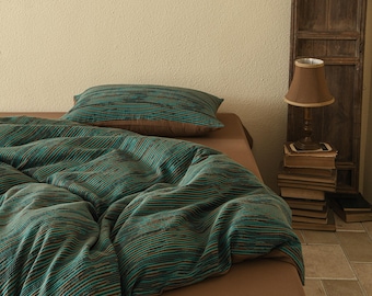 Dark Green Cotton Duvet Cover Set: Yarn-Dyed Jacquard Bedding