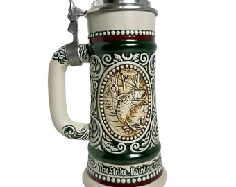 1978 Avon Handcrafted Beer Stein - Rainbow Trout & English Setter Design with Pewter Lid | Vintage Brazil Collectible