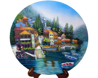 Vibrant Mediterranean Village Decorative Ceramic Plate – Collector's Wall Art