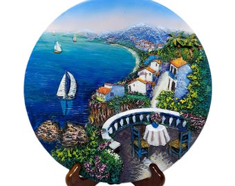 Charming Mediterranean Village Scenic Decorative Plate – Vibrant Coastal Artwork Collector's Item