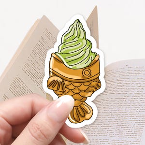 Taiyaki with Matcha Ice Cream Sticker | Adorable Cafe Decal for Kindles, Laptops & Water Bottles | Great Gift for Dessert Lovers