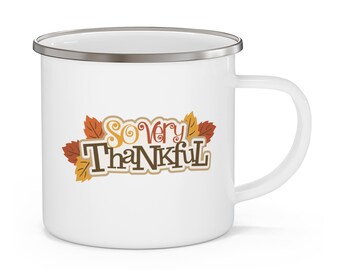 Taza esmaltada de Acción de Gracias: Agradecimientos en las reuniones de otoño