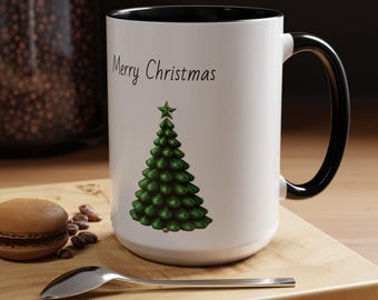 Taza de café con acento (11 oz, 15 oz). Taza navideña. Taza con forma de pino. Festividades. Navidad 2024.