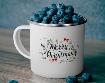 Taza de camping esmaltada Feliz Navidad, acero inoxidable, 355 ml