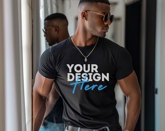 Camiseta negra Maqueta de hombre negro, Hombre afroamericano, Camiseta de maqueta de estilo de vida, Archivo de maqueta POC, Maqueta de camiseta estética, DESCARGA INSTANTE