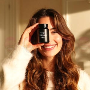 May include: A black supplement bottle with a black lid. The bottle has the text "YOUR DESIGN HERE" in white. The bottle is held up in front of a person's face. The person is smiling and wearing a white sweater.