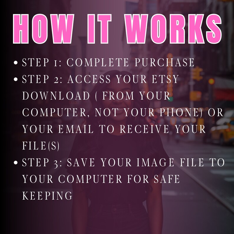 Peut inclure: Un graphique rose avec le texte "HOW IT WORKS" en grandes lettres. Le texte ci-dessous explique comment acheter et t&eacute;l&eacute;charger des fichiers num&eacute;riques sur Etsy. L'image montre une personne marchant dans une rue de la ville.