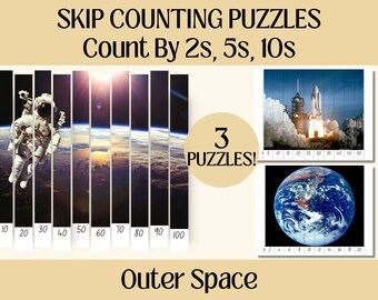 May include: Educational puzzles with an outer space theme. The puzzles include images of an astronaut, a rocket launch, and Earth. The text on the puzzles reads "Skip Counting Puzzles" and "Count By 2s, 5s, 10s". The puzzles are designed for counting practice.