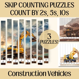 Construction Vehicle Skip Counting Sequence Number Recognition Puzzle Skip Count 2s 5s 10s Montessori Math School Kindergarten Homeschool