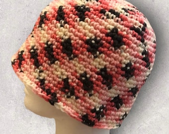 Hand Crocheted Beanie in Black, Pink and White. Rosewood Beanie, Checkered Pattern Hat