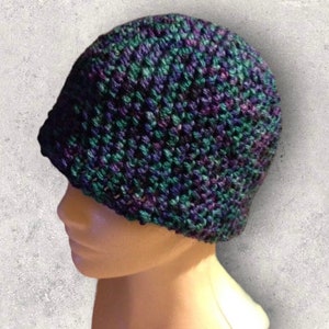Hand Crocheted Beanie, Ocean Colorway Hat, Blue, Purple and Green Beanie, Soft Crochet Beanie