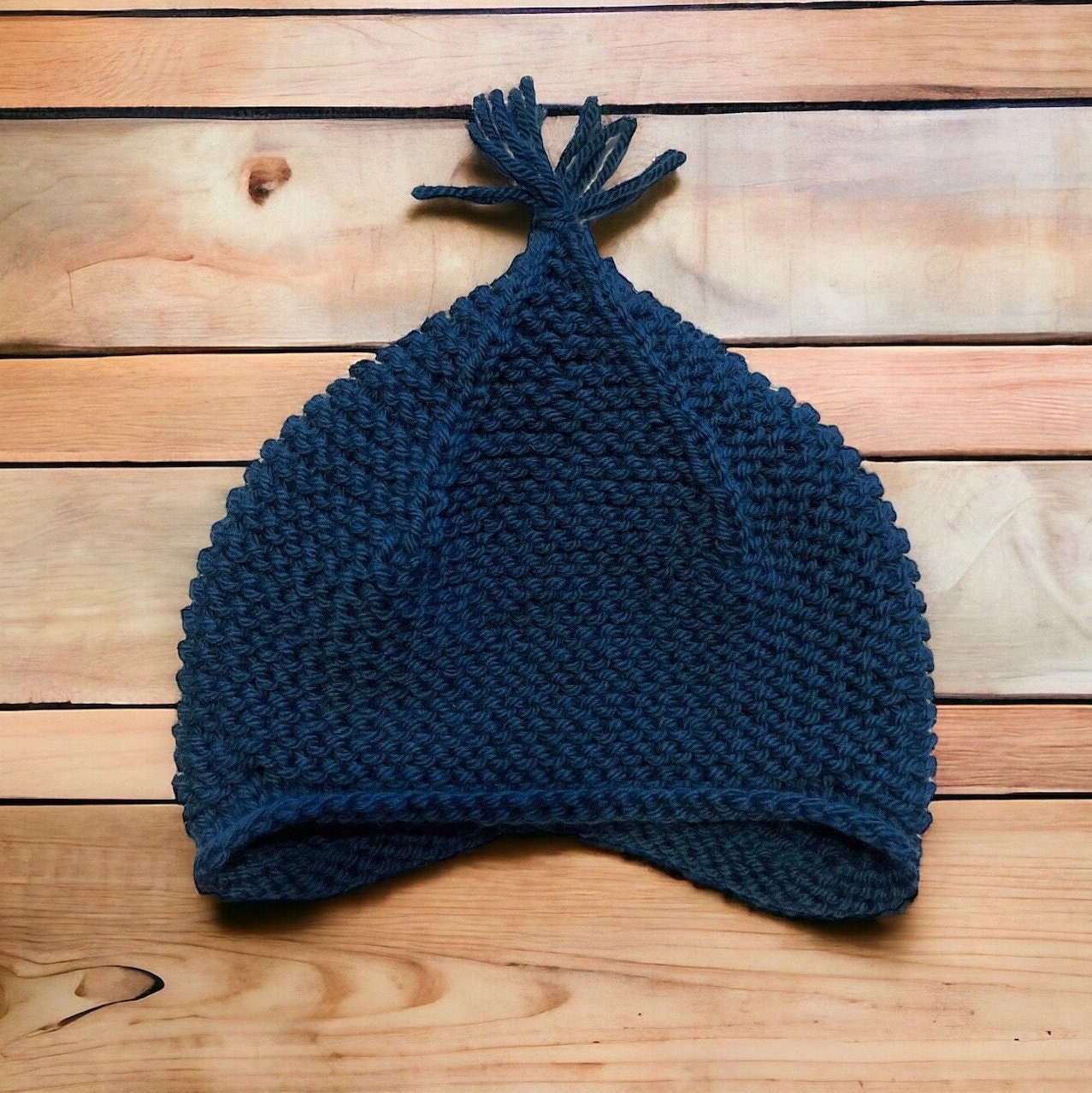 Baby Earflap Beanie Garter Stitch Earflap Hat Navy Wool Beanie With Tassel Hand Knit Pixie Style Beanie Baby Gift Etsy