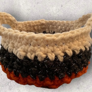 Handmade Halloween Crochet Basket: Orange, Black Sparkle & Cream