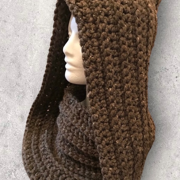 Central Park Infinity Scarf in Barley, Hooded Cowl, Hand Crocheted Circular Scarf, Snood, Dark Brown Hooded Cowl!