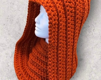 Central Park Infinity Scarf in Pumpkin, Hood Cowl, Women's Cowl, Men's Hooded Scarf, Teen Hooded Scarf, Hand Crochet, Snood, Orange, Autumn