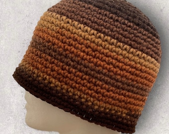 Father's Day Gift! Ready to Ship! Cafe Mocha Stripe Hat, Stripe Hand Crocheted Beanie, Light & Dark Browns, Ombre, OOAK, Zero Waste Clothing