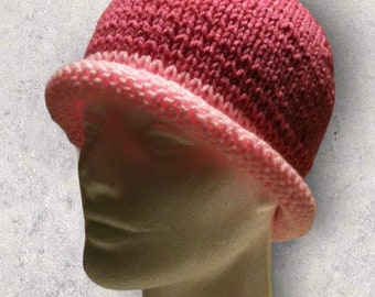 Adult Hand Knit Pink Tones Roll Brim Hat, Hand Knit Hat, Roll Brim Beanie