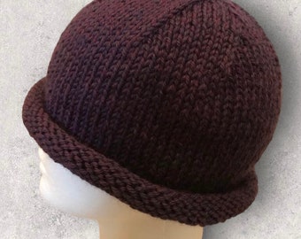 Women's Hat, Teen's Hat, Purple Hat, Handknit Roll Brim in Plum Heather