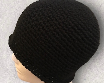 Hand Crocheted Solid Black Beanie: Acrylic Skull Cap