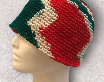 Ready To Ship! Hand Crocheted Christmas Beanie, Holiday Hat, Men’s Hat, Women’s Hat, Green, White, Red, Festive Cap, ON SALE!