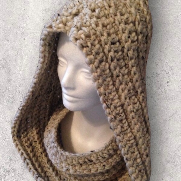 Hooded Cowl, Hand Crochet, Snood, Central Park Infinity Scarf in Oatmeal, Cream