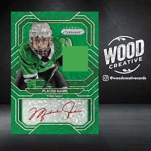 May include: Green and white hockey trading card with a player wearing a green jersey and a white helmet. The card has a green and white geometric design and the text "PROOF" in a white box. The card also has a signature in red ink.