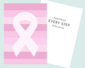 May include: Pink and white striped card with a white ribbon in the centre. The card says "Supporting you EVERY STEP Of this journey."