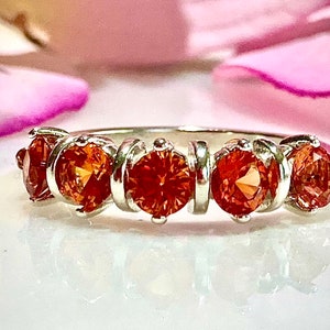 Brilliant Lab Orange Sapphire (4mm/1.25 T.C.W.) Five Stone Wedding Band Sterling Silver Ring, Gift for her, Promise Ring