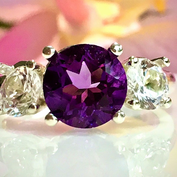 Natural Bolivian Amethyst (2 Carat 8mm)& White Sapphires (5mm)Three Stone Ring, Engagement Ring, Promise Ring, Anniversary Ring,Gift for her