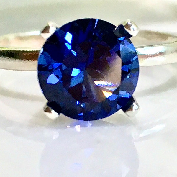 Lab Created Blue Sapphire Round Solitaire Sterling Silver Ring, Promise Ring, Engagement, Bridal Jewelry, Anniversary