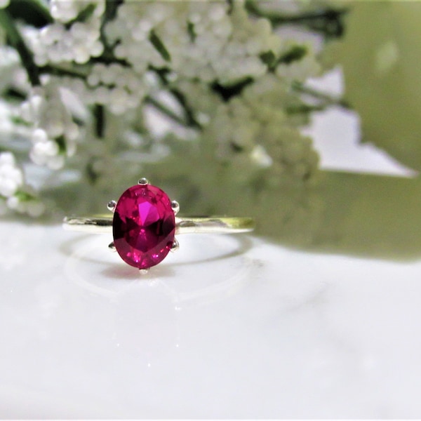 Beautiful! Lab Created Red Ruby Oval  (1.5 Carat ~8x6mm) Solitaire Sterling Silver Ring, Ruby Ring,Valentine, Engagement, Promise, Birthday