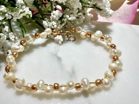 Initial Bracelet,gold Filled Adjustable Bracelet,wire Wrapped Pearl,everyday  Jewelry,bridesmaid Gift on Luulla