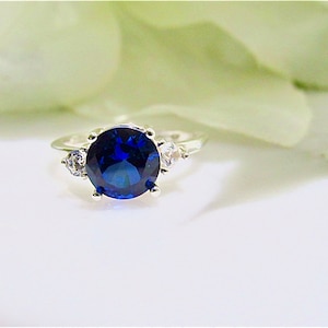 Beautiful! Lab Created Blue Sapphire 2 Carat (8mm) 3 Sterling Silver Ring, Sapphire Ring, Engagement, Promise,Birthday