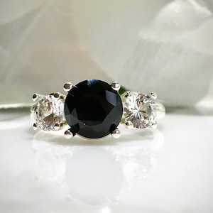 Natural Black Spinel  (2.3ct.8mm) & White Sapphires (5mm)Three Stone Ring, Engagement, Promise ring, Anniversary Ring, Gift for her