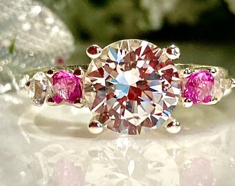White Sapphire  (2 ct.8mm) & Pink/White Sapphires Accents Engagement Ring,  Promise ring, Anniversary Ring, Gift for her, Christmas Gift
