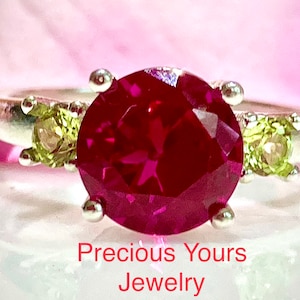 Ruby 8mm 2 carat and Natural Peridot Accents 3mm/2.20 TCW Three Stone Engagement Ring, Promise ring, Anniversary Ring