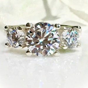 Brilliant CZ Diamond 2 Carat 8mm with 5mm (,50 ct) three stone Engagement Ring, Promise Ring, Wedding Ring, Gift for her, Bridal Jewelry