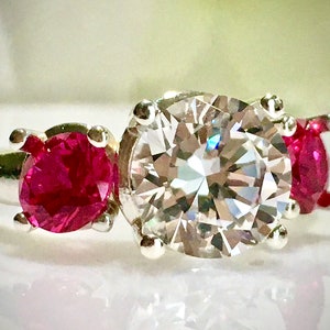 White Sapphires & Rubies (choice of 8mm,6mm,5mm) Three Stone Ring, Engagement, Promise ring, Anniversary Ring, Holidays Gift, Bridal Jewelry