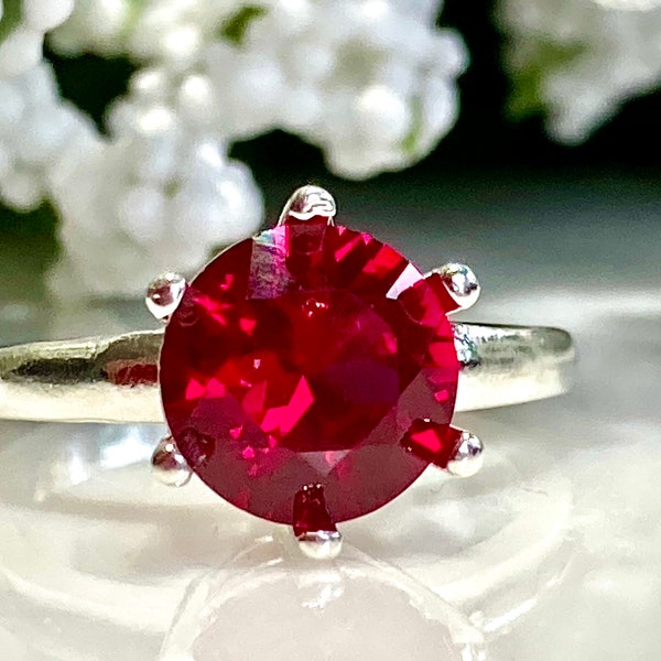Brilliant Red Ruby 2 Carat(8mm)Solitaire Sterling Silver Ring, Engagement Ring, Promise Ring, Anniversary