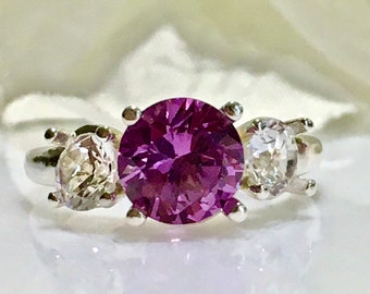Lab Created Alexandrite (2 ct.8mm) & White Sapphires (5mm) Three Stone Ring sz 6 1/2,  Engagement ring, Promise ring, Christmas Gift