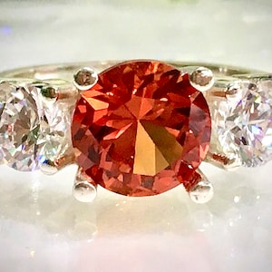 Lab Created Orange Sapphire 2 carat & Simulated Diamonds Three Stone Ring, Solitaire Ring, Engagement, Promise ring, Anniversary Ring