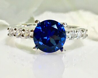 Blue Sapphire 2 Carat Simulated Diamonds Sterling Silver Ring, Wedding Engagement Ring, Promise Ring, Anniversary, Bridal Jewelry