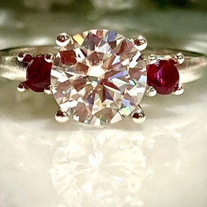 Moissanite, White Sapphire or CZ  8mm 2 carat (Your Choice) Ruby 3mm Three Stone Engagement Ring, Promise ring, Anniversary Ring