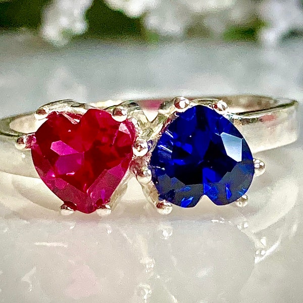 Ruby and Blue Sapphire Heart .75 ct each (6mm) Sterling Silver Ring, Engagement Ring, Promise Ring, Gift for her, Valentine's Gift