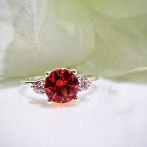 Orange Padparadscha Sapphire  2 Carat (8mm) 3 Stone Sterling Silver Ring, Solitaire Ring, Engagement, Promise, Anniversary Gift for her