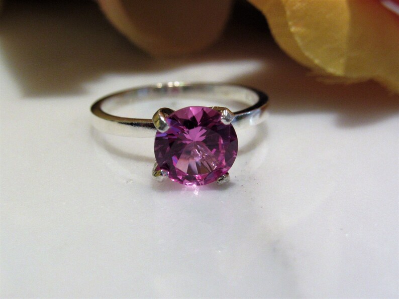Beautiful!Lab Created Pink Sapphire Solitaire Sterling Silver Ring Promise Engagement Christmas Valentine,Birthday 2.0 Carat~8mm