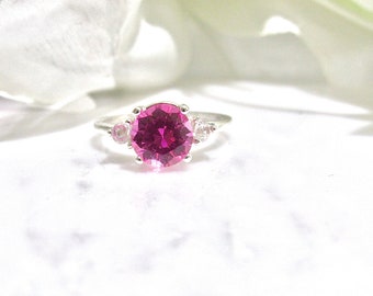 Lab Created Pink Sapphire 2 Carat (8mm) 3 Stone Sterling Silver Ring, Solitaire Ring, Sapphire Ring, Engagement, Promise,Anniversary