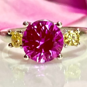 Lab Pink Sapphire 8mm 2 carat and Canary Simulated Diamond CZ 3mm/2.20 TCW Three Stone Engagement Ring, Promise ring, Anniversary Ring