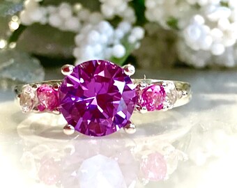 Lab Alexandrite (2 ct.8mm) with Pink/White Sapphires Accents Engagement Ring,  Promise ring, Anniversary Ring,Gift for her, Valentine's Gift